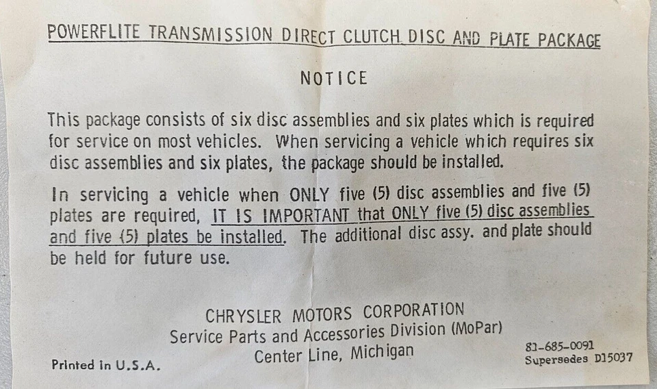 1953-1955 Plymouth Dodge Desoto Powerflite Transmission Rebuild Kit NOS 2240193 - Image 4 of 4