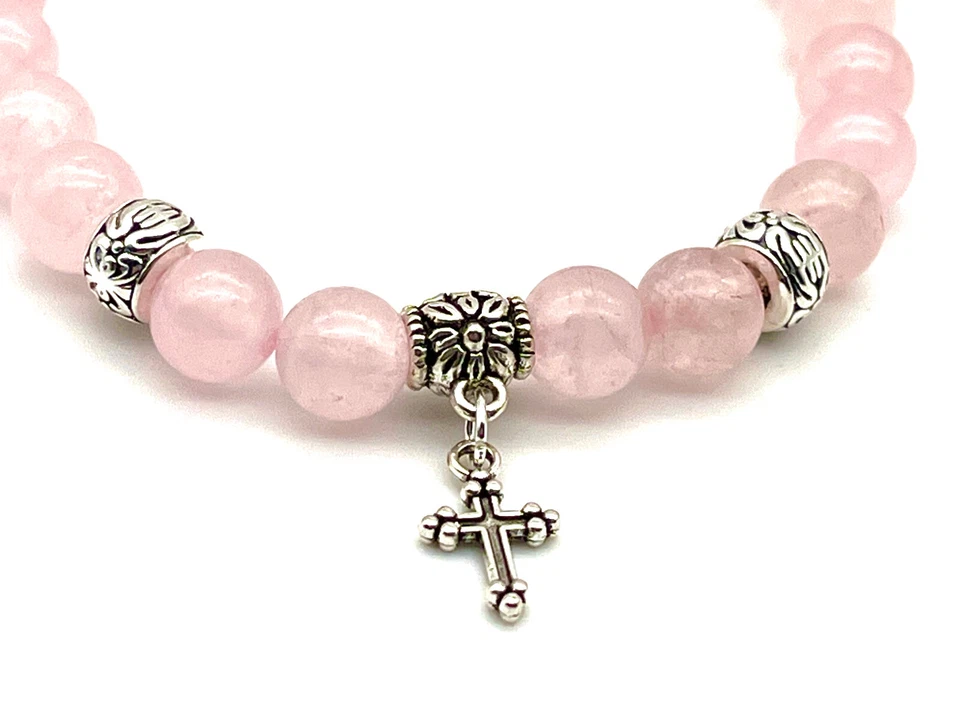 Pulsera hecha a mano con cruz de plata tibetana y cuarzo rosa de 8 mm con piedras preciosas Foto 3 de 4