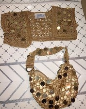 Build-A-Bear GOLD PURSE, CROCHET, SEQUIN SPANGLES EVENING BAG Shrug Gold Nice