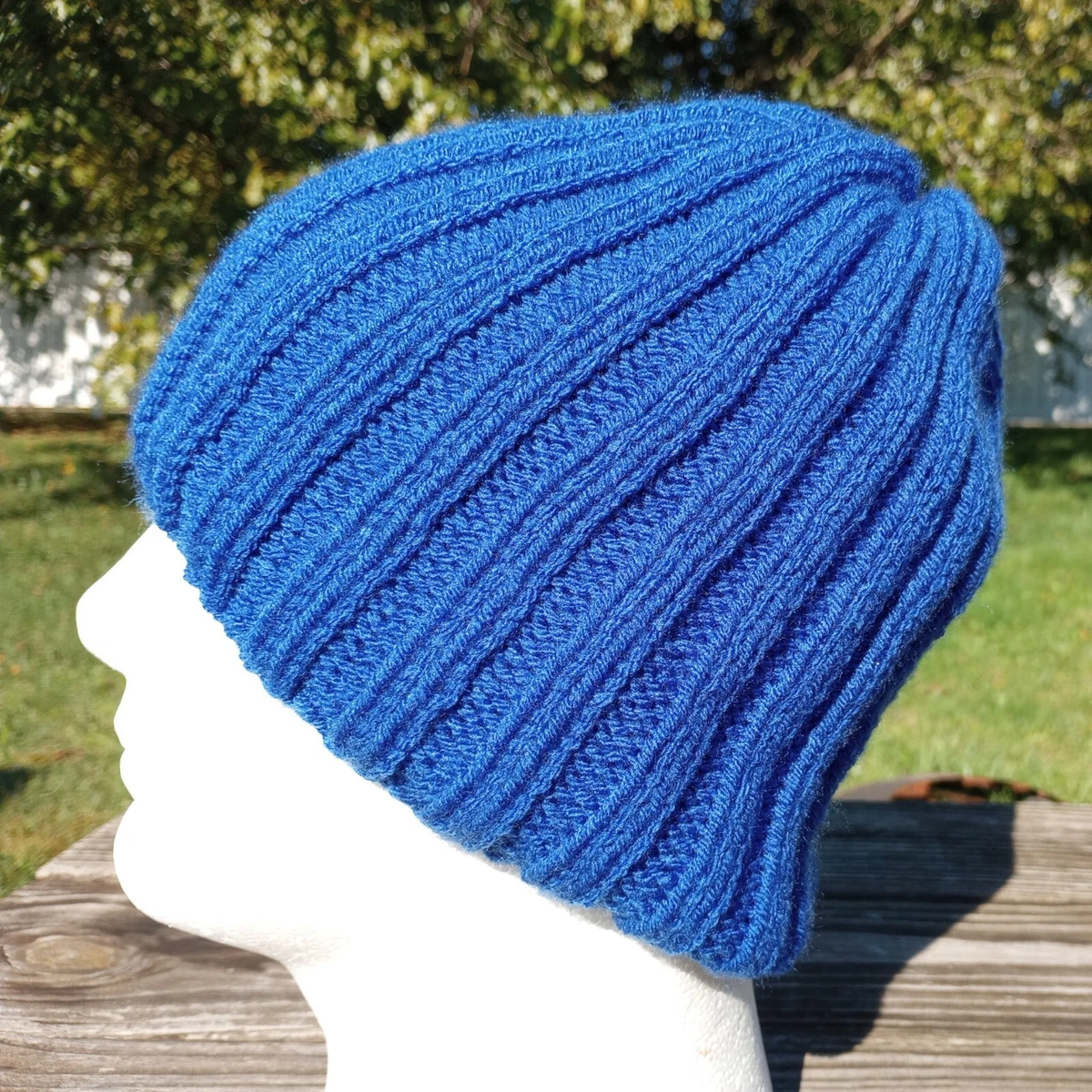 Men's Handmade Sailor Beanie Rib Watch Cap Hat Knit Royal Blue Wide Cuff Acrylic
