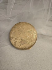 Vintage Compact Lin Bren Used Powder Mirror Compact Beige Oriental Fabric Cover
