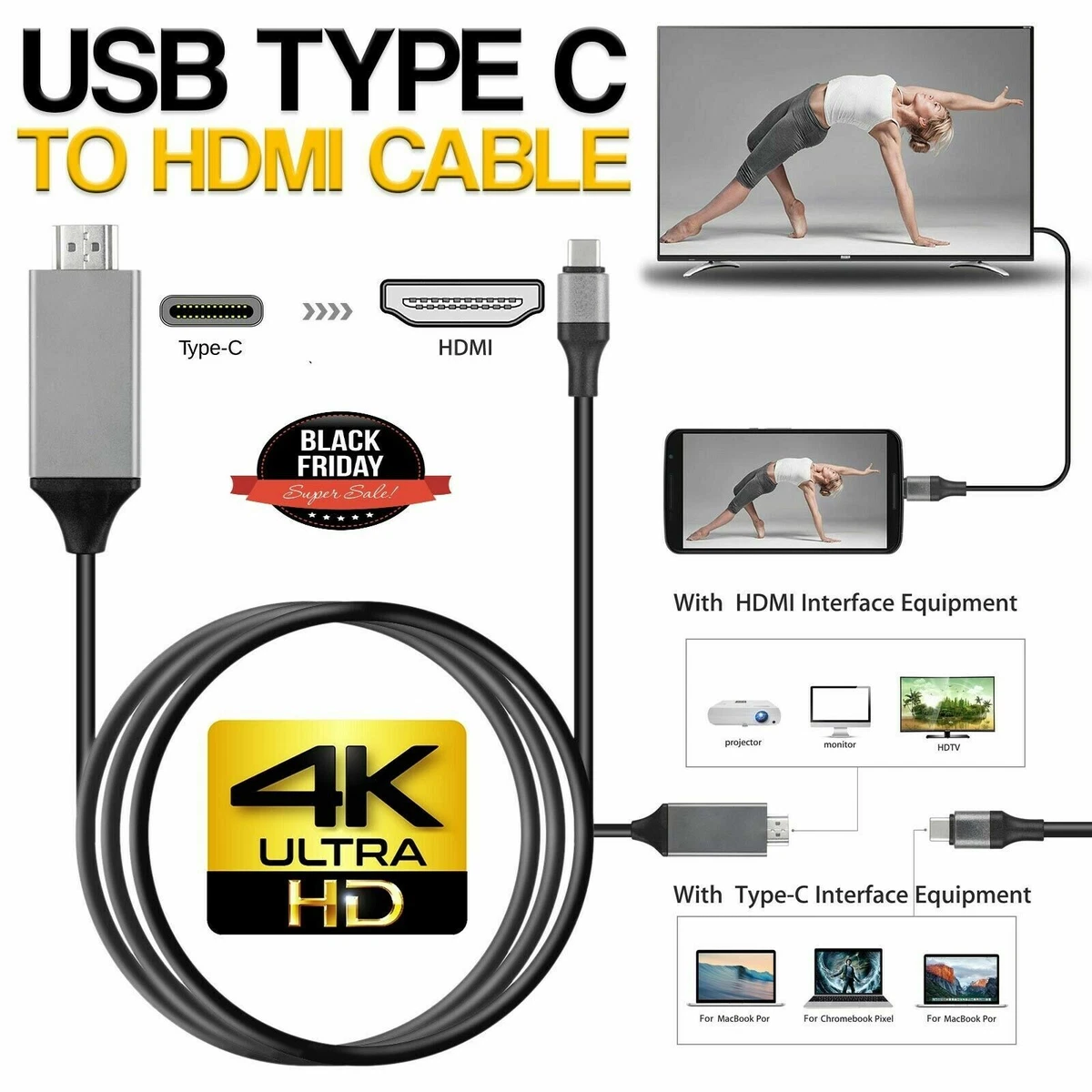 vogn Faciliteter Dyrt USB-C Type C to HDMI Cable 4K HD TV Converter Adapter For Samsung Huawei Macbook | eBay vogn Faciliteter Dyrt USB-C Type C to HDMI Cable 4K HD TV Converter Adapter For Samsung Huawei Macbook | eBay