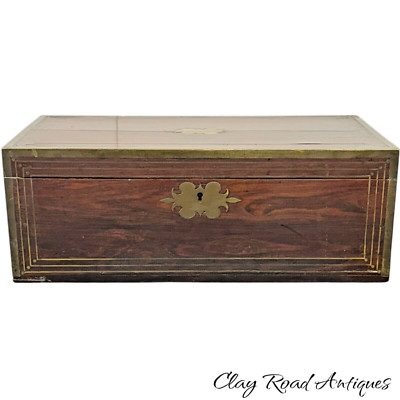 ANTIQUE  campaign style brass inlay rosewood lap desk 1800s Edwardian