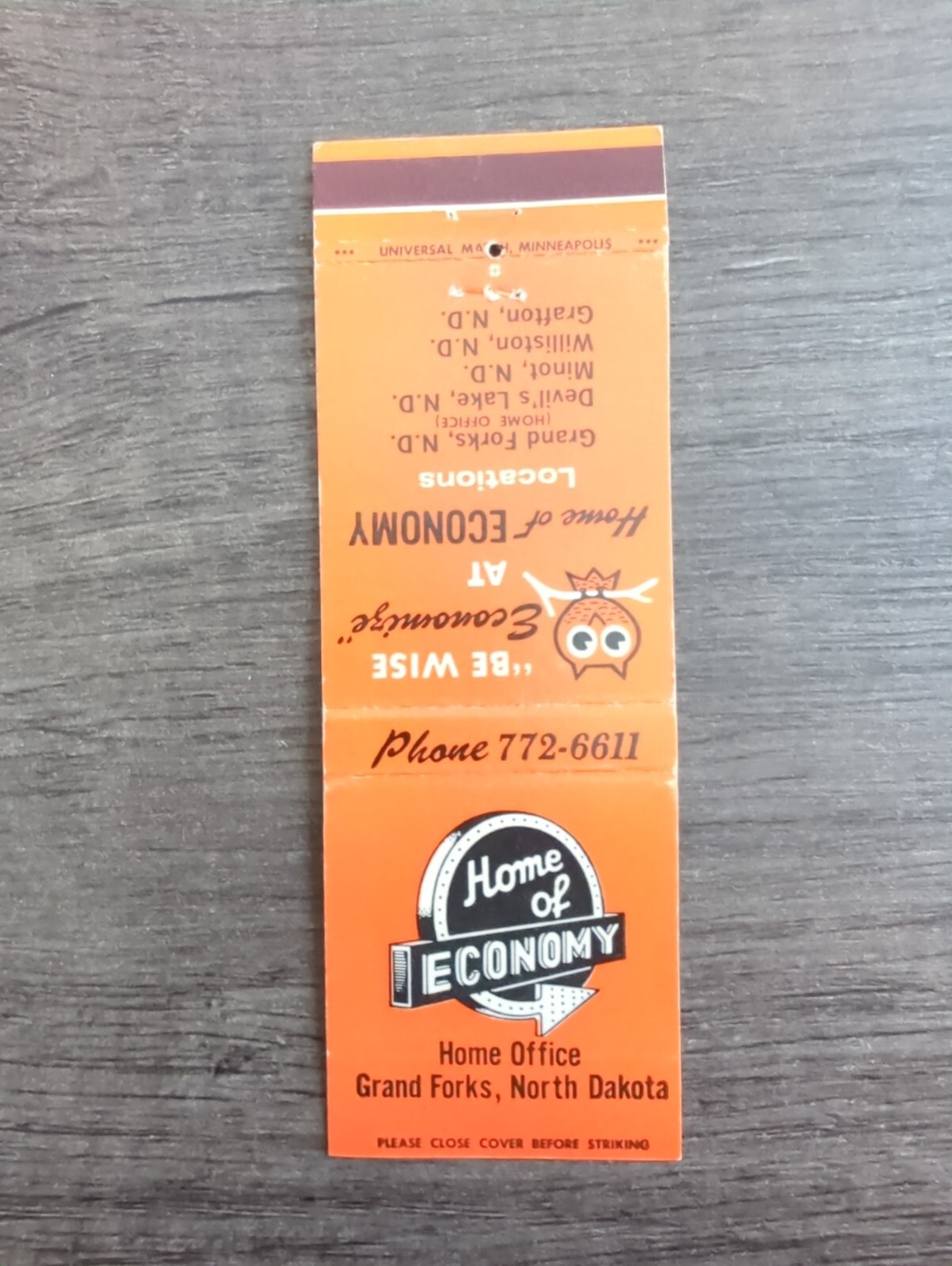 Be Wise at Home of Economy North Dakota Matchbook Cover eBay