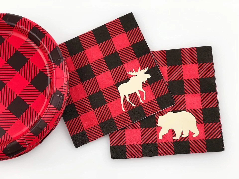 Juego de fiesta de cumpleaños Leñador - Juego de 16 platos de papel servilletas Buffalo Plaid Bab... Foto 3 de 4
