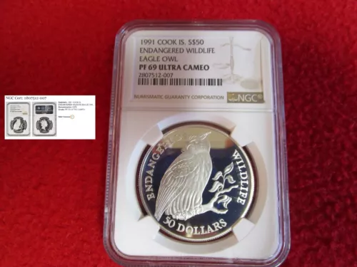 1991 COOK ISLANDS $50 .925 SILVER EAGLE OWL NGC PF69 Endangered Wildlife 