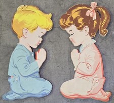Vintage 1950's Praying Girl Boy Pressed Cardboard Wall Art Kids Nursery 12"