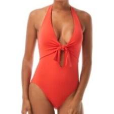 NWOT Vince Camuto One Piece Swimsuit Orange/Poppy Knot Front Tie Halter size 4