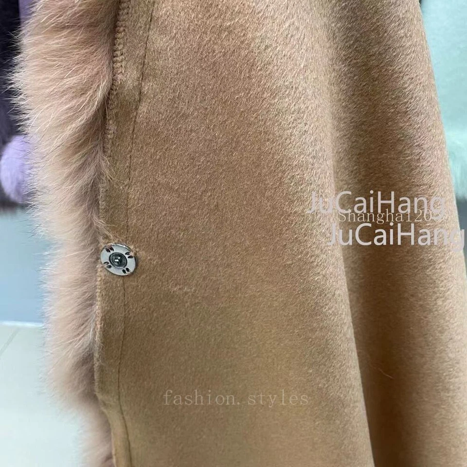 Abrigo cárdigan con capucha y capa de lana para mujer con ribete de piel de zorro alrededor de chales Foto 4 de 4