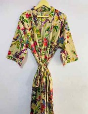 Indian Handmade Vintage Kimono Bird Print Cotton Bath Robes Maxi Night Gown