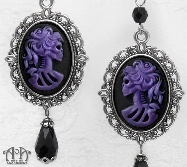 Gothic Punk Lolita LADY SKELETON CAMEO EARRINGS Skull Purple Black Silver Beaded - Image 2 of 2