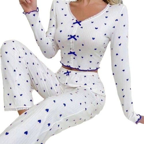 V Neck Ruffled Long Sleeve Pajama Set Heart Ribbed Crop Top and Pants - Bild 21 von 28