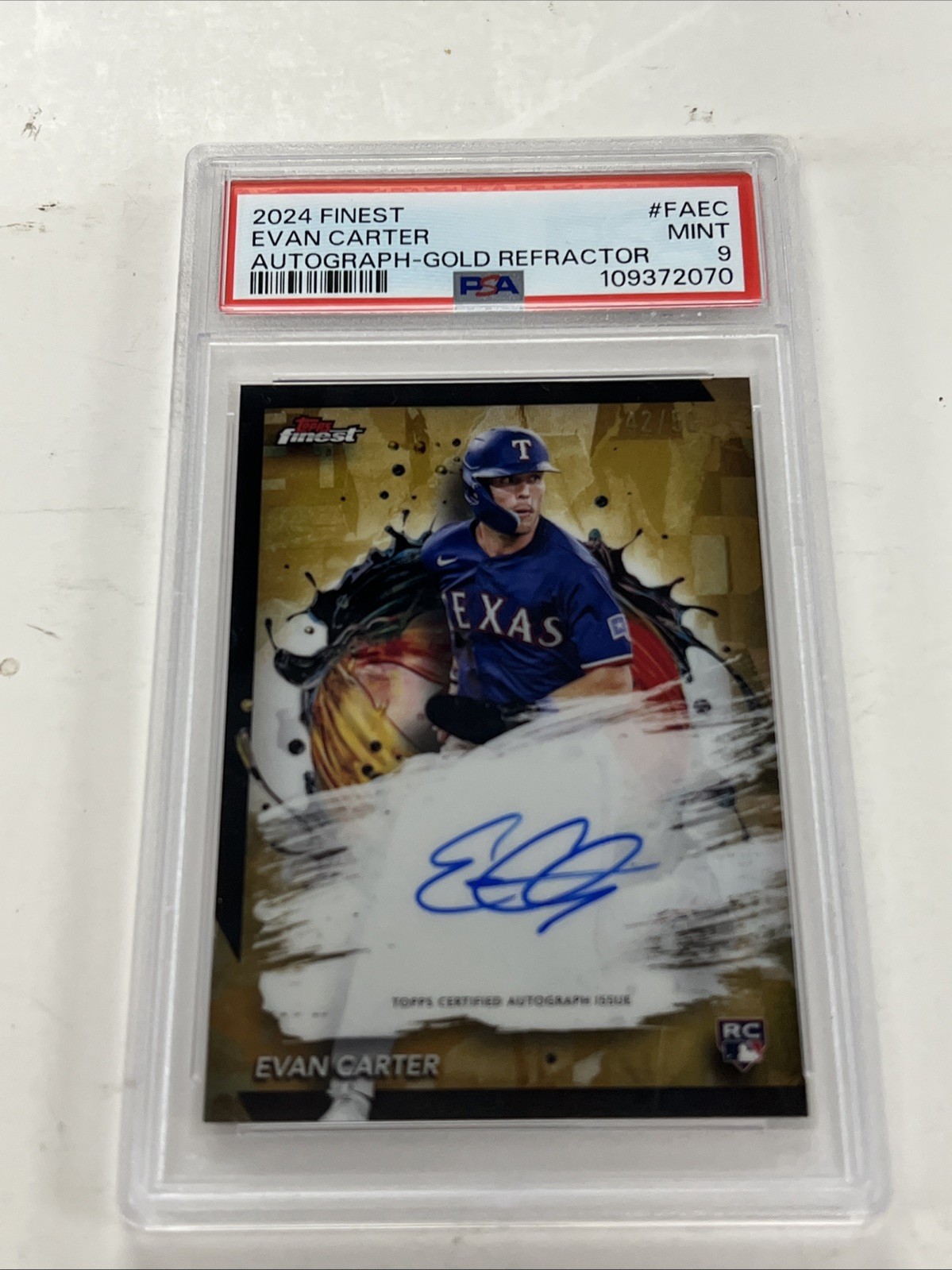 Evan Carter 2024 Topps Finest Gold Refractor Rookie Auto /50 PSA 9