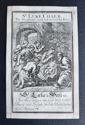 Antiker Bibeldruck von 1710 - Lukas 2,16 - Hirten beeilen sich, das Kind zu finden