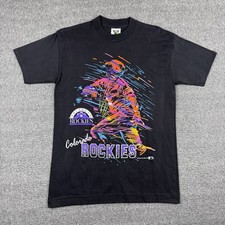 Vintage Colorado Rockies T-Shirt Mens Medium Black MLB Baseball Colorful Art 90s