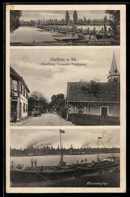 AK Greffern a. Rh., Handlung von Hermann Friedmann, Rheinbrücke, Rheinhafen 