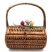 Vintage Wicker Basket Handbag Floral Accent Purse Cottagecore Garden Party 1950s