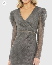 Mac Duggal NWT STYLE 93674 Charcoal Sz 20 Beaded Wrap LS Midi MSRP 598