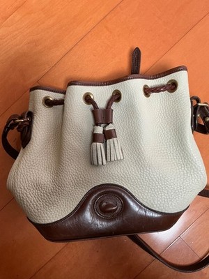 Vintage Dooney & Bourke AWL Ivory Brown Leather Drawstring Bucket Crossbody Bag