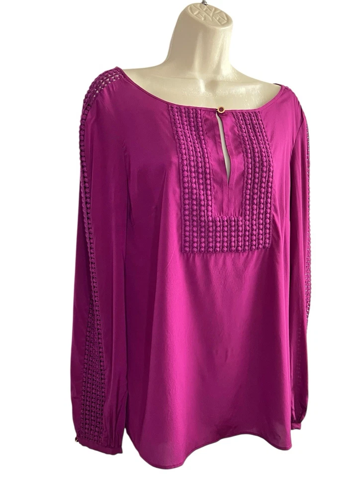 Blusa túnica Tory Burch púrpura roja seda manga larga crochet talla 10 Foto 4 de 4