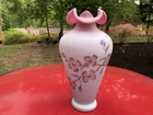 Large Vintage Fenton Hand Painted Blue Burmese Vase / Purple Flowers
