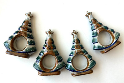 Vintage Erandi Tonala Mexico Pottery Christmas Tree Napkin Rings Hand Painted