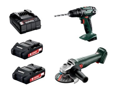 Metabo Kit 18V Bohrmaschine BS 18 + W 18 7-125 Schleifmaschine 2x 1,5Ah und Ladegerät