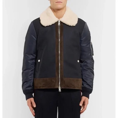 $3950 Moncler Shearling Collar Bomber Jacket Navy Wool Suede Trim Men s  Size 5