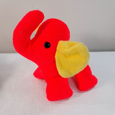 Eden Shake Me Elephant Rattle Plush neon Red Yellow Ears Rope Tail terry cloth