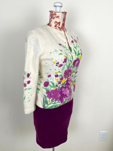 Vtg 50s PURPLE FLORAL ANGORA Wool Cardigan PIN UP Sweater Rockabilly Flowers S - Picture 6 of 10