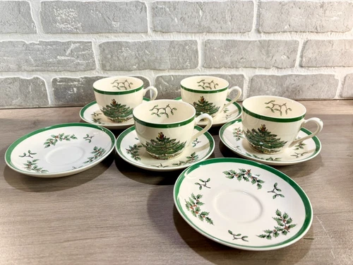 Vintage Spode Christmas Tree Set Of 4 Coffee Tea Cup &6Saucer Green Trim England