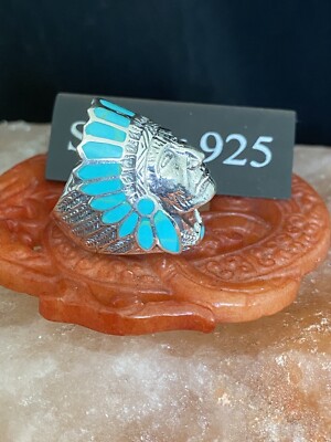 Massiver Silber Indianerkopf Ring mit Türkis Emaille