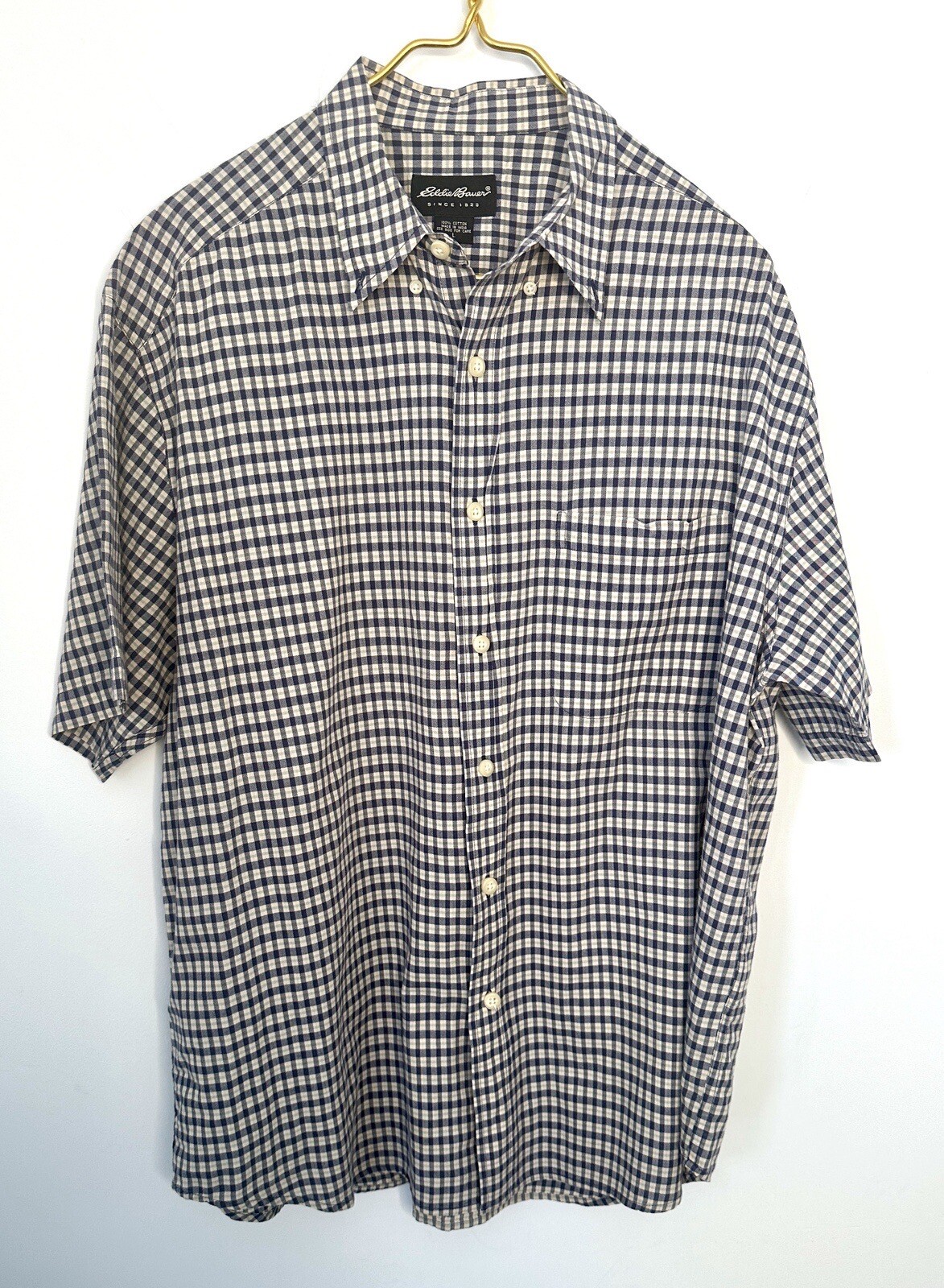 Eddie Bauer Men's Blue Green Check Short Sleeve Cotton Button-Up Shirt Size Large