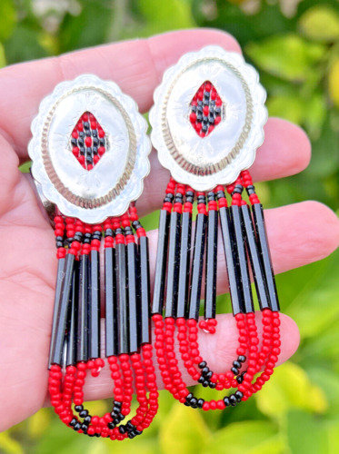 Vintage Navajo Silver Tone Black & Red Beaded Earr