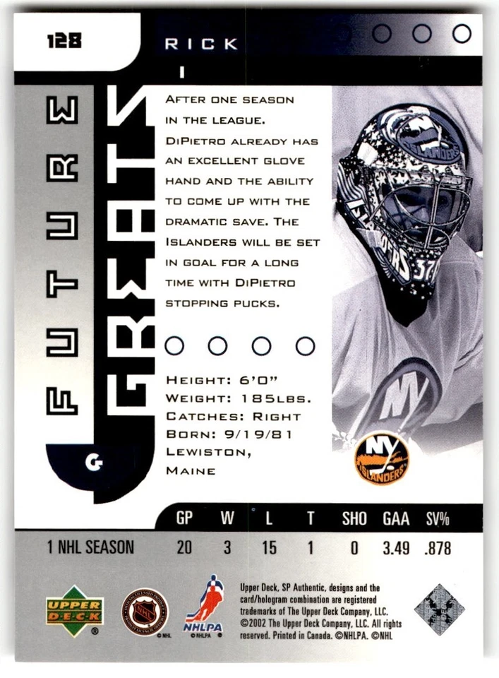 Rick DiPietro 2001-02 SP Authentic Future Greats /3500 #128 New York Islanders - Image 2 of 2