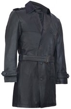 Herren Schwarz Deutsche Militär WW2 Vintage Lang Trenchcoat Echte Lederjacke
