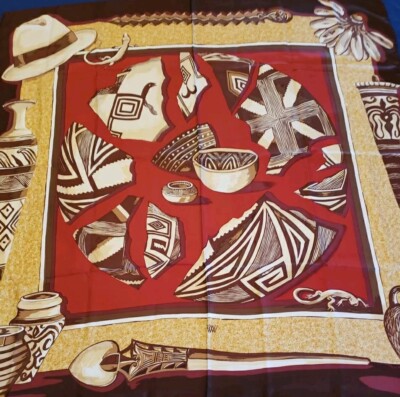 Vintage WORTH 100% Silk Scarf, 35''x35'' Southwest Pottery & Hat NOS DAMAGE 