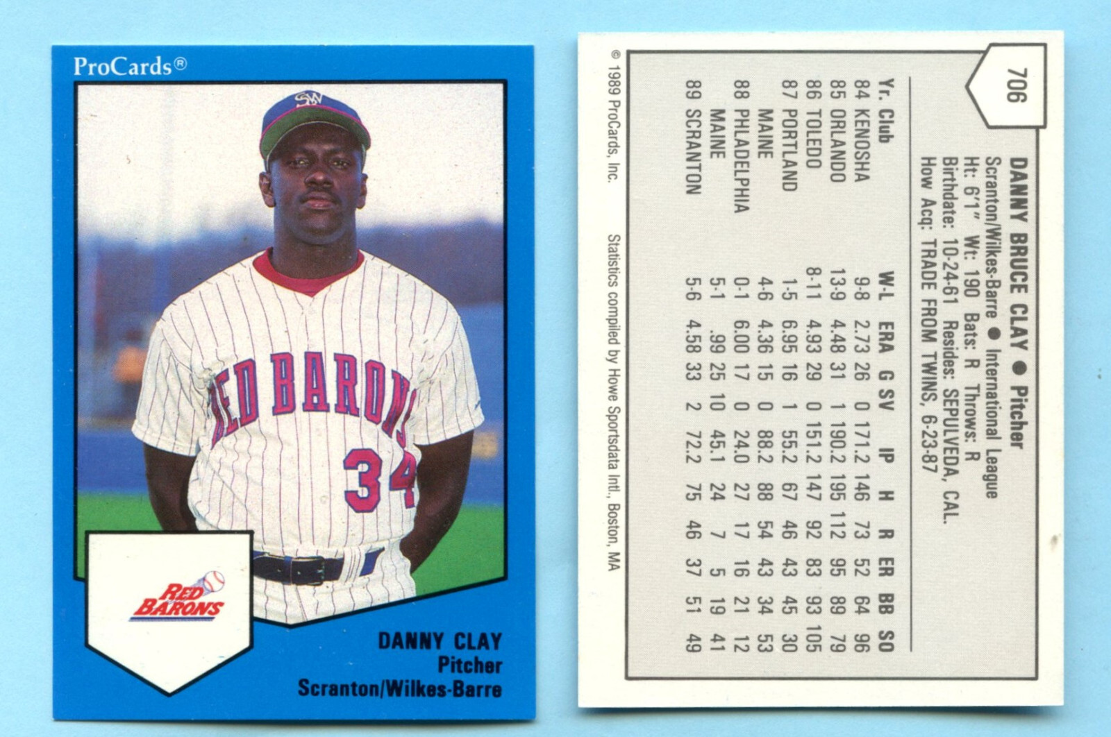 1989 Pro Card Minor League Danny Clay Scanton/Wilkes Barre Red Barrons ...