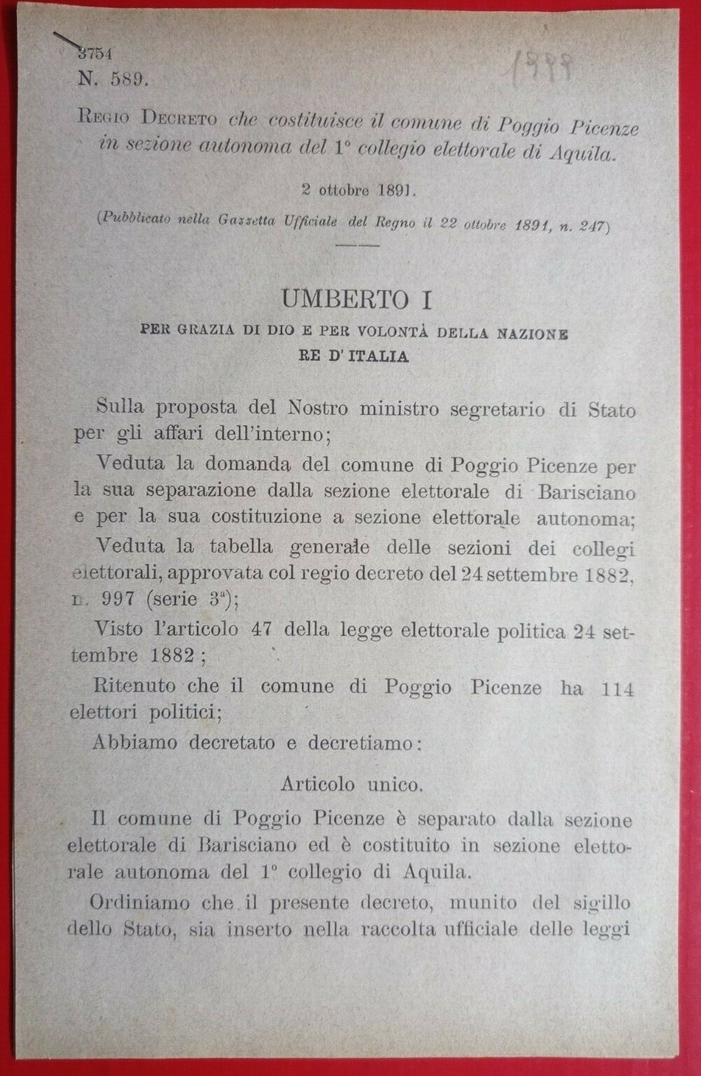 POGGIO PICENZE(aquila)REGIO DECRETO LO COSTITUISCE IN SEZIONE AUTONOMA -1999