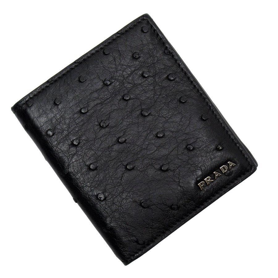 PRADA Authentic Mini Bi-fold Wallet Ostrich Leather Black PRADA Authentic Mini Bi-fold Wallet Ostrich Leather Black