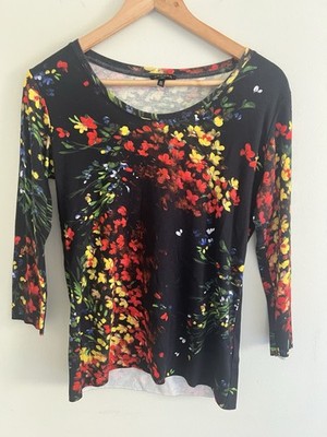 Escada Authentic German  Floral Knit Top Black Multicolor Medium Cotton Modal 