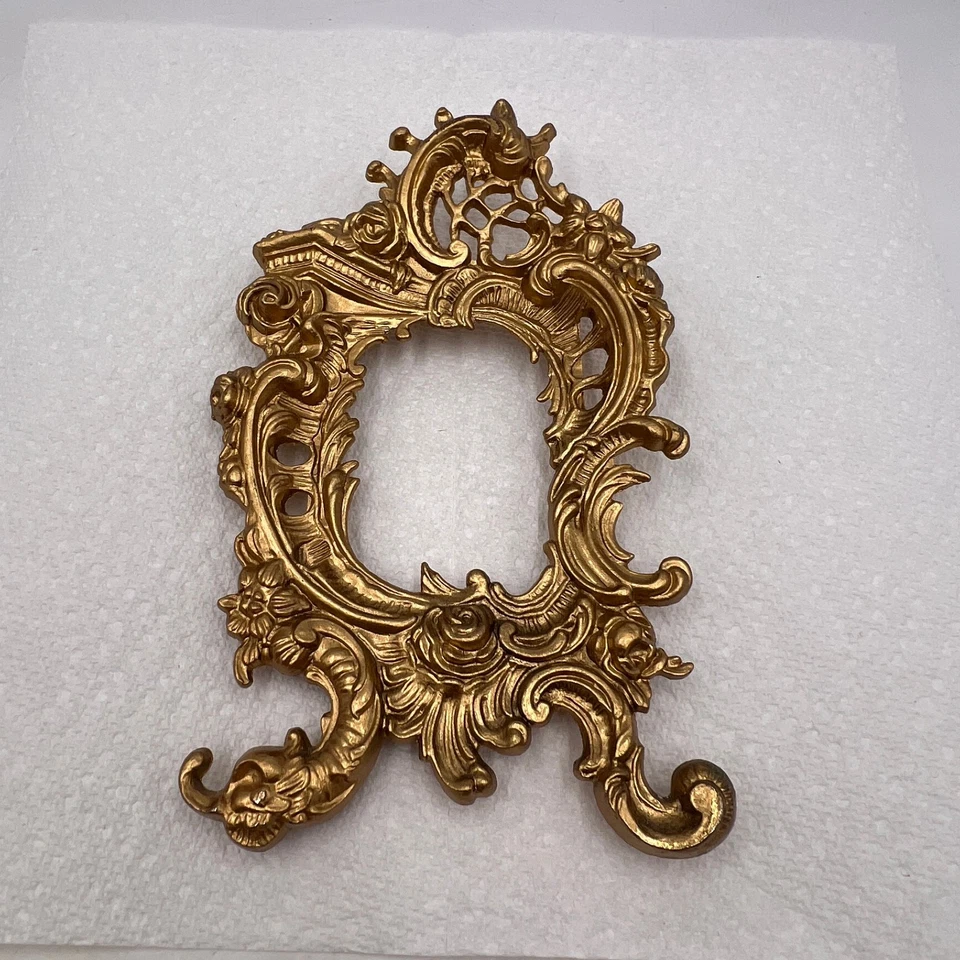 ORNATE ANTIQUE FRENCH GILT BRASS/BRONZE MIRROR FRAME EASEL CHERUB PUTTI 2.5x3.5" - Image 4 of 4