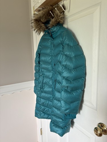 LANDS END KIDS Parka Size 10-12, Removable Fur Trim On Hood, Teal Aqua - Picture 2 of 20
