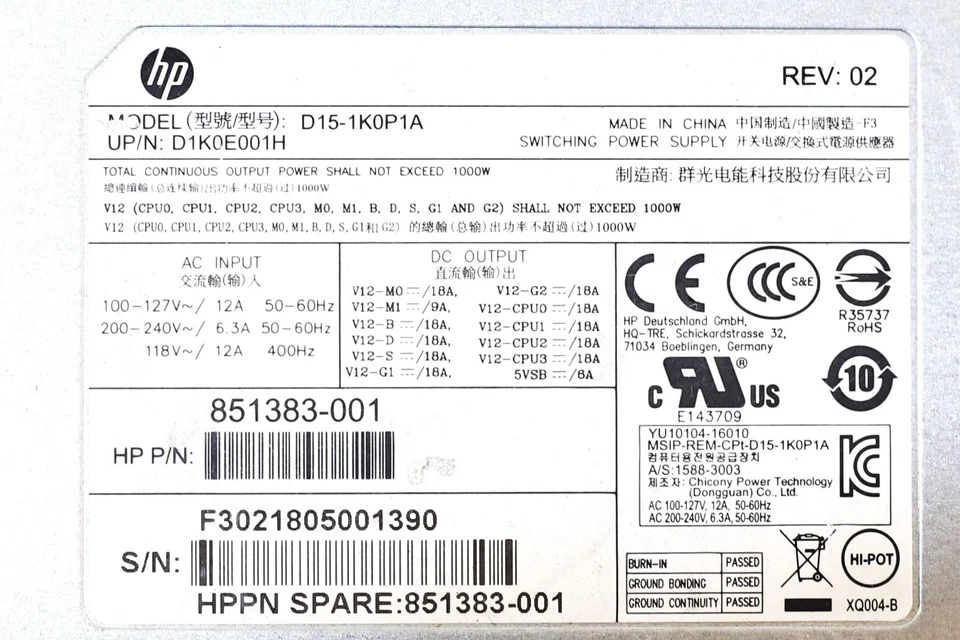 HP D15-1K0P1A 1000W Workstation Power Supply For Z6/Z4 G4 P/N: 851383-001 Tested - Image 4 of 4