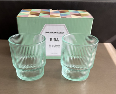 Jonathan Adler Biba Glasses Ribbed Aquamarine 13 oz Set of 2 in Box