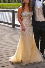 Champagne Silver Tulle Sequin Beaded Strapless Mermaid Prom Evening Dress