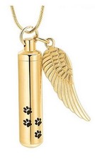 Cylinder with Paw Prints  Wing, Gold Tone Memorial Necklace J-525-G 