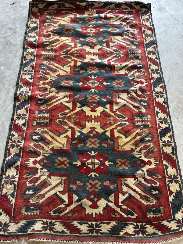 Tribal Geometric Red Blue Ivory Runner Rug Rectangle
