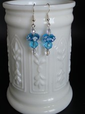 Blue Lampwork Glass Crystal Round Bead Hook Drop Earrings Handcrafted