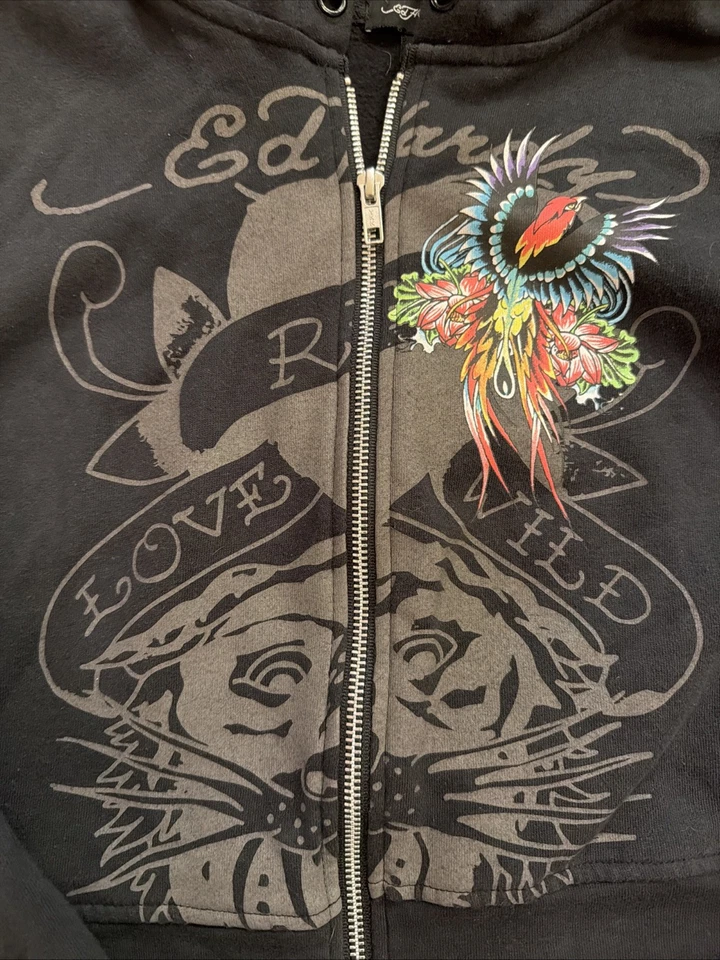 Sudadera con Capucha Recortada Ed Hardy De Colección Sudadera con Capucha Cremallera Completa Tatuaje Y2K XL Foto 2 de 4